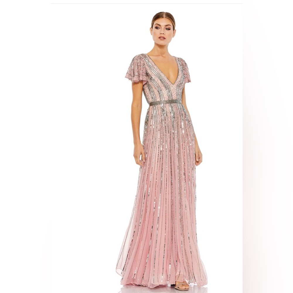 Mac Duggal STRIPE SEQUIN V-NECK GOWN Color Rose Sz 6